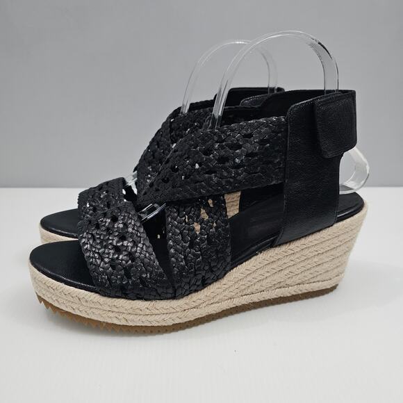 NEW Eileen Fisher Willow Sandal Womens 8 Black Woven Leather Wedge Espadrille - Picture 1 of 14
